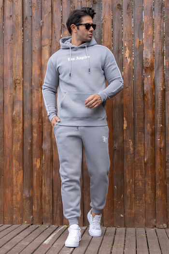 FRANCO RENZO Men's Gray 3 Thread Ribbed Interlining Printed Cotton Tracksuit Set