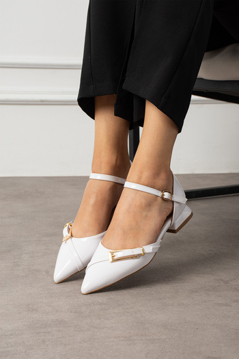 Güllü Shoes White Patent Leather Ankle Strap Gold Buckle Pointed Toe Low Heel Women's Ballerina Shoes