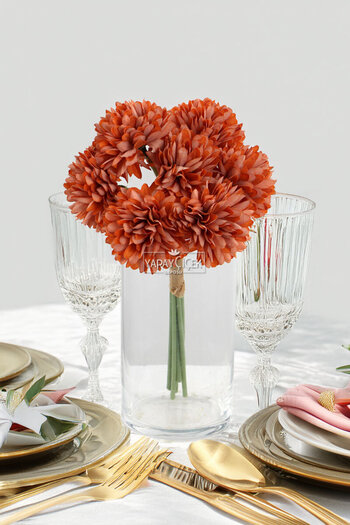 Yapay Çiçek Deposu Artificial Flower Ball Chrysanthemum 7-Piece Mini Snowball Bundle 28 cm Tan-Amber