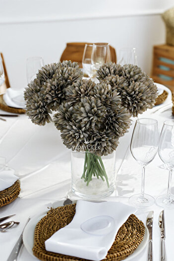 Yapay Çiçek Deposu Artificial Flower Ball Chrysanthemum 7-Piece Mini Snowball Bundle 28 cm Ecru-Grey