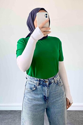lamelif Seamless Sleeve Detailed Plain Short T-Shirt Green
