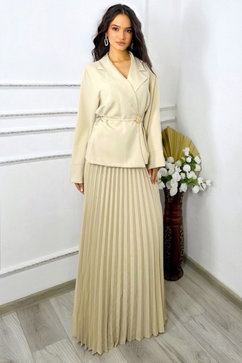 FashionForYou LUNIS business suit, with wrap jacket and pleated skirt, Cream, Size S/M/L
