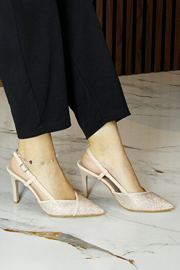 Erkan Saçmacı Sacha Exclusive Ten Crepe Stone Open Back Pointed Toe Thin Heeled Evening Dress Shoes