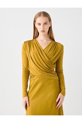 Jimmy Key Oil Green Slim Fit Long Sleeve Cross Neck Knitted Blouse