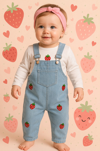 Uğur bebe Baby Girl Strawberry Pattern Denim Jumpsuit Gardener Salopey Set + 100% Cotton Long Sleeve Bodysuit Two-Piece Combination