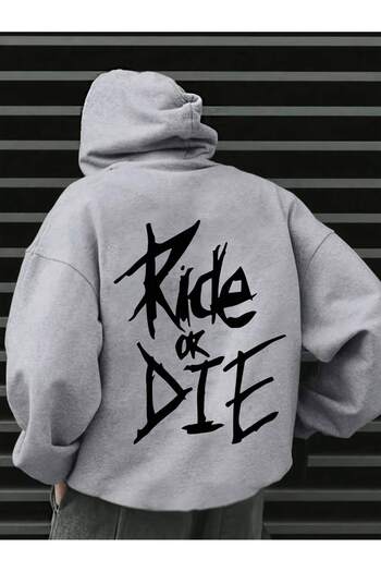 ModaQamar Ride or Die Motorcu Back Printed Oversize Kangaroo Pocket Gray Hooded Sweatshirt Hoodie