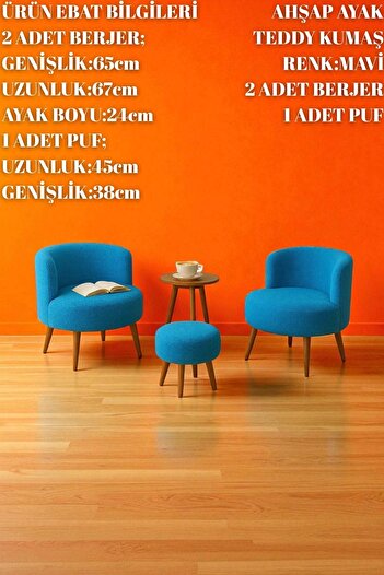 Zinnet Design Janna – Üçlü Set, İki Berjer ve Bir Puf,(Salon, Balkon, Ofis) Konforlu Oturma Takımı