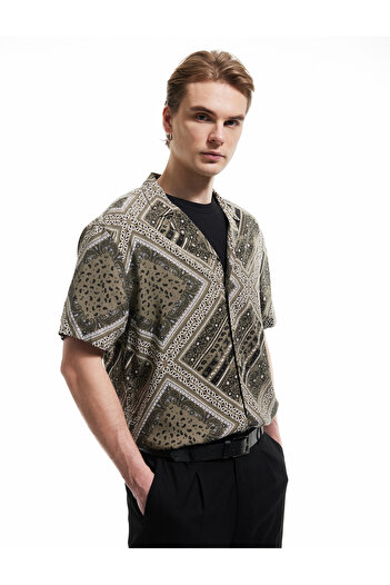 Koton Viscose Short Sleeve Regular Fit Turn-Down Collar Ethnic Patterned Shirt