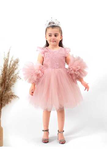 Şenkız Girl's Pompom Sleeve Wedding Party Birthday April 23 May 19 October 29 Show Dress