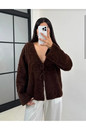 NATUFIAN STORE Women's Embossed Detailed Soft Textured Knitted Cardigan with Tie