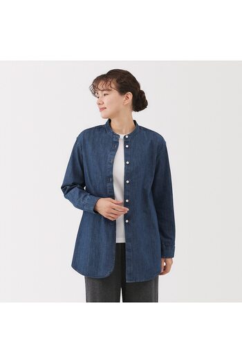 Muji Washed Denim Stand Collar Long Sleeve Shirt