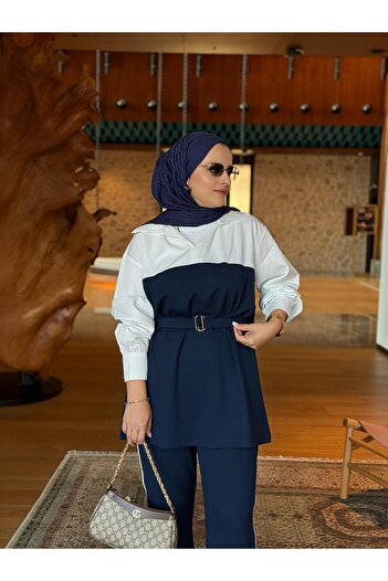 Aselim Hijap Moda Γυναικείο Τζιλάτικο Σετ Μοντέρνο Υφασμάτινο Μοντέρνο Σετ με Λεπτομέρεια Ζώνης – Ναυτικό Μπλε