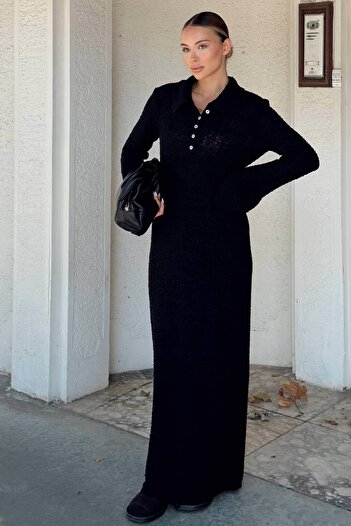 Swist Black Polo Neck Embossed Knit Spanish Sleeve Women's Knitwear Midi Dress