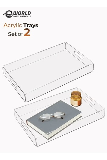 Eworld Set of 2 Acrylic Decorative Serving Trays with Handles, Clear Rectangular Coffee & Tea Organizer