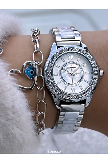 Chaperone Women's Watch, Crystal Stone, Silver White Color Steel Band, 2 Years Warranty, Bracelet Gift