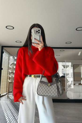 NATUFIAN STORE Women's Red Bearded Yumoş Basic Knitwear Sweater
