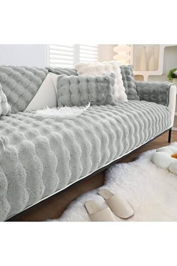 DECORA CASA HOME COLLECTİON Rabbit Plush Bubble Pattern Sofa Cover / Sofa Cover (1 Piece) Gray 80 X 200 cm