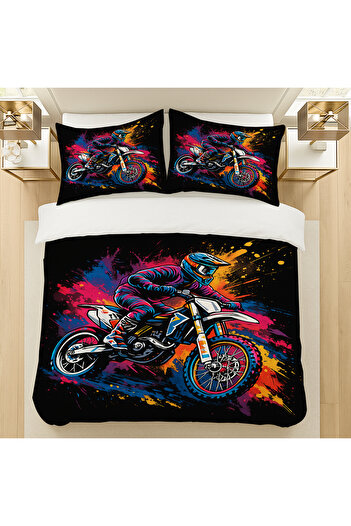 Else Dekor Colorful Biker Patterned Cotton Satin Double Duvet Cover Set 200X220Cm