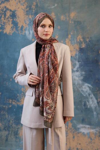 İpekhan 9801-06 Model Silk and Coffee Patterned Shawl