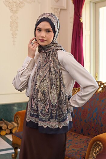 İpekhan Black Water Green Patterned Silk Voile Shawl - 9804-18