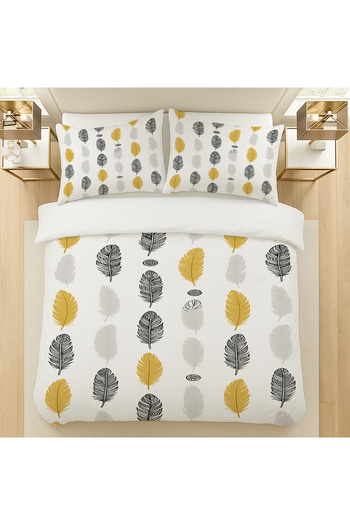 Else Dekor Yellow Gray Ethnic Feathers Patterned Cotton Satin Double Duvet Cover Set 200X220Cm
