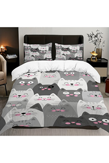 Else Dekor Gray White Cats Patterned Cotton Satin Double Duvet Cover Set 200X220Cm