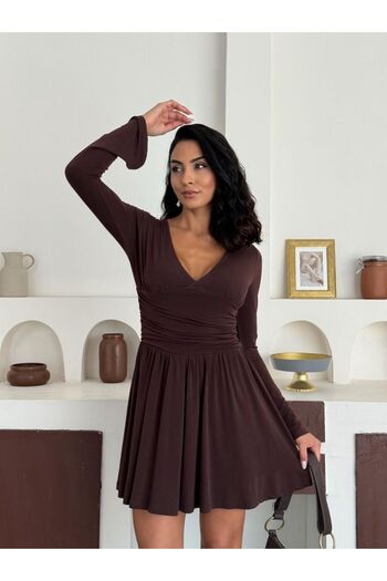 Mon Astre V-Neck Shirred Dress with Shorts Underneath