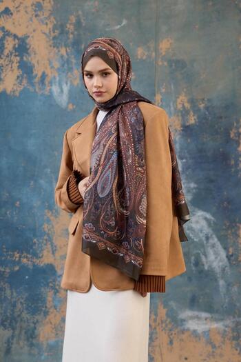İpekhan Bitter Brown Silk Patterned Shawl - Voile 9801-01