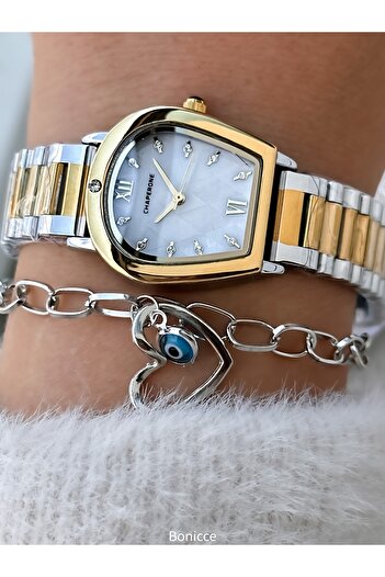 Chaperone Women's Wristwatch, Stone Case, Silver Yellow Steel Band 2 Years Warranty, Bracelet Gift