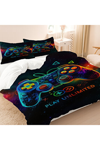Else Dekor Oyun Konsol Joystick Gamer Desenli Pamuk Saten Çift Kişilik Nevresim Takımı 200x220cm