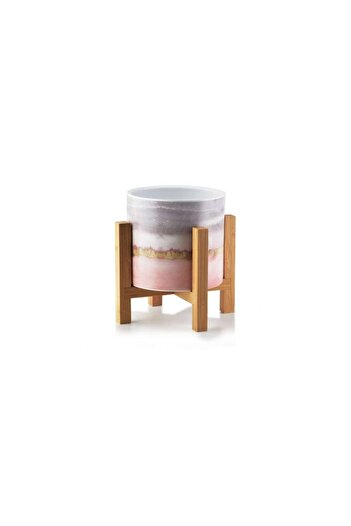 Mercaton Ghiveci ceramic pentru flori Luxury cu suport din lemn, Ø 12,5, Înălțime 16.5 cm, Gri