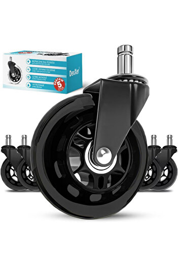 DexXer Set of 5 silicone wheels, diameter 75mm, stem 11mm, for office chairs or gaming chairs, Black