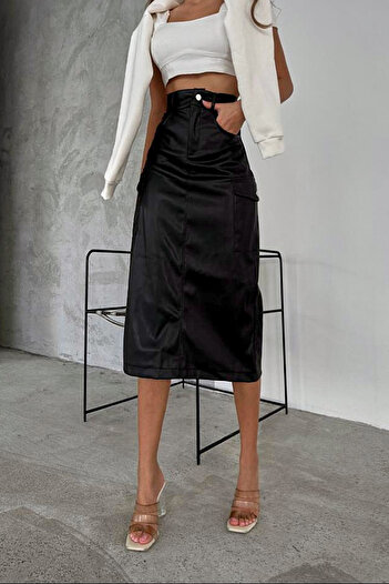 FashionForYou Tabyta -leather skirt, with pockets and three-quarter cut, Black, M