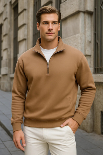 COMBİNE MİCHAİL Men's Basic Brown Half-Zip Sweatshirt