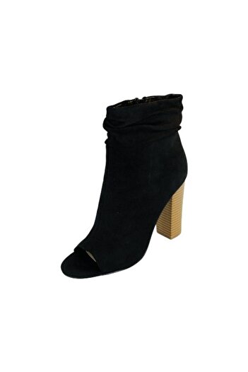 JustFab Ghete de damă, toc înalt de 10 cm, microfibră neagră, vârf deschis, mărimea 38.5 EU