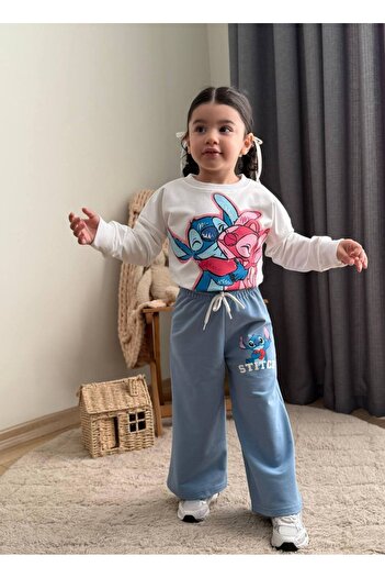 EKNKİDS Girl's Stitch Printed Top and Bottom Set