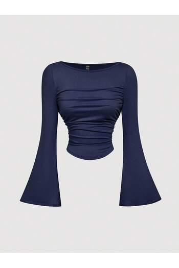 RABTEKS Navy Blue Boat Neck Long Sleeve Women's Blouse - Side Ruched Stylish Top