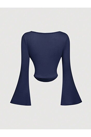 RABTEKS Navy Blue Boat Neck Long Sleeve Women's Blouse - Side Ruched Stylish Top