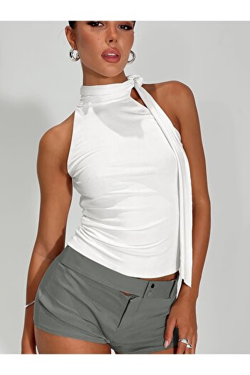 Marin Star White Halter Neck Strapless Blouse, Lined Halter Neck Strapless Stylish Blouse, Lycra White Blouse