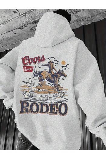 ModaQamar Rodeo Printed Oversize Kangaroo Pocket Hooded Sweatshirt Hoodie