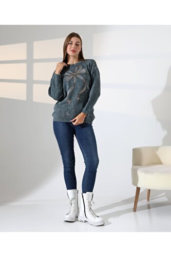 MILANOFOX Ribbon Stone Detailed Washable Long Sleeve Crew Neck Stylish Comfortable Casual Women's Dark Gray Knitwear Sweater