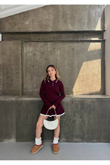 BOUQUET OF TULİP Polo Neck Ribbed Sweater Pleated Mini Skirt Set