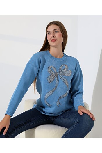 MILANOFOX Pulover cu mânecă lungă, cu decolteu rotund, cu detaliu de piatră din panglică, lavabil, elegant, confortabil, pentru zi cu zi, pentru femei, albastru