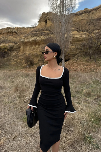 Siner Fashion Rochie albă cu guler pătrat cu detaliu pentru femei