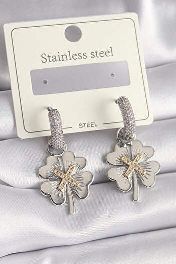 Inure Jewelry 316L Steel Silver Color Zircon Stone Clover Model Women's Earrings Daily Use