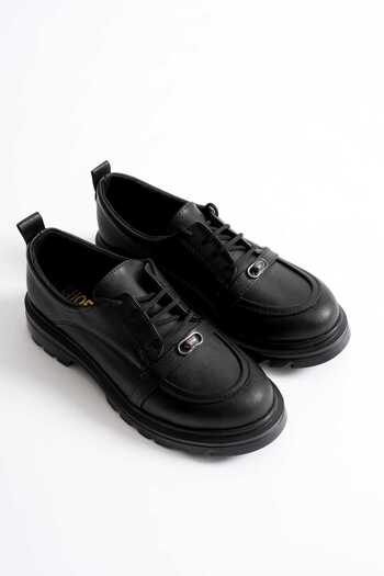 VİP SMR MODA Women's Loafer Thick Sole Lace-Up Accessory Casual Shoes Black