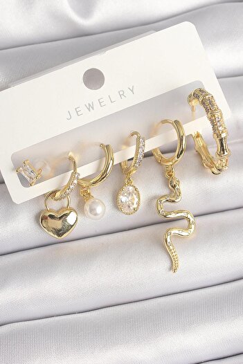 Inure Jewelry Brass Gold Color Dangle Snake Model Zircon Stone Ring Lock Heart Detail Women's Earring Set Daily Wear