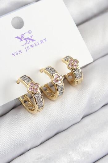 Inure Jewelry Brass Zircon Stone 3-Piece Ring Clover Model Gold and Silver Color Women's Earrings for Daily Use