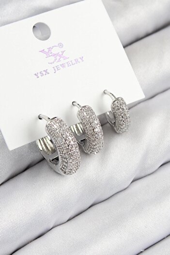 Inure Jewelry Brass Zircon Stone 3-Piece Hoop Model Silver Color Women's Earrings Daily Use