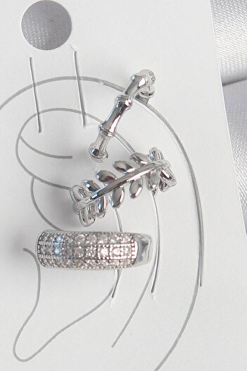 Inure Jewelry Brass Silver Color Zircon Stone 3-Piece Model Leaf Figure Women's Cartilage Earrings for Daily Use
